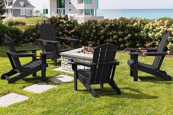 SERWALL HDPE Folding Adirondack Chair with Dual Cup Holder - Composite Adirondack Chair Set of 2- Black - Image 2