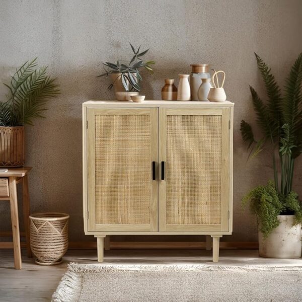 Finnhomy Sideboard Buffet Kitchen Storage Cabinet with Rattan Decorated Doors, Dining Room, Hallway, Cupboard Console Table, Liquor / Accent Cabinet, 31.5X 15.8X 34.6 Inches, Natural - Image 5