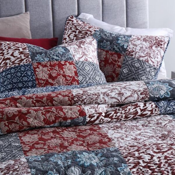 Secgo King Size Comforter Set- 100% Cotton Quilt King Size Set, Burgundy bedspreads (96 * 108 Inch) with 2 Pillow Shams, Patchwork Reversible Lightweight Bedding - Image 5