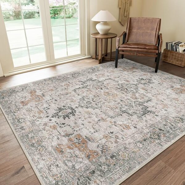 GENIMO 8x10 Area Rugs for Living Room, Machine Washable Non Slip Vintage Retro Rugs, Low Pile Lightweight Chenille Print Rug for Bedroom, Dining Room, Home Office, Light Taupe Brown