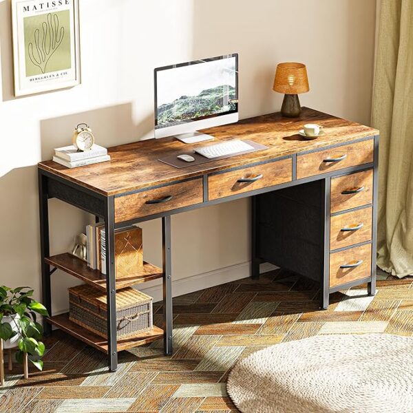 Huuger Computer Desk with 6 Drawers, 47 Inch Office Desk with Shelves, Reversible Gaming Desk, Corner Desk with Storage, Work Desk for Home Office, Study, Living Room, Rustic Brown - Image 7