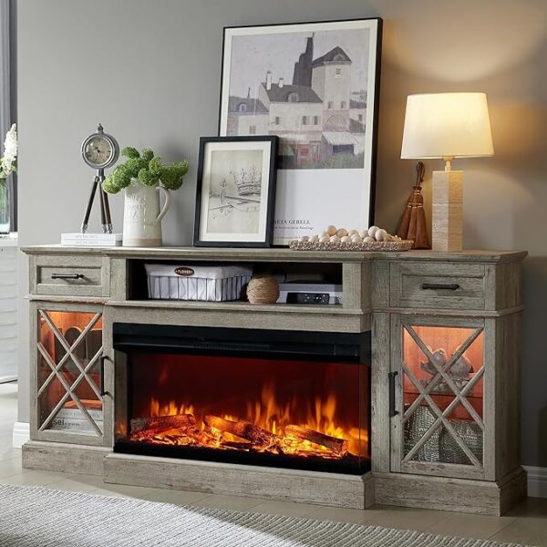OKD 3-Sided Glass Farmhouse Fireplace TV Stand for TVs up to 80'', Highboy Entertainment Center with Glass Door Storage Cabinet, 70'' Large TV Stands with 36'' Electric Fireplace, Light Rustic Oak