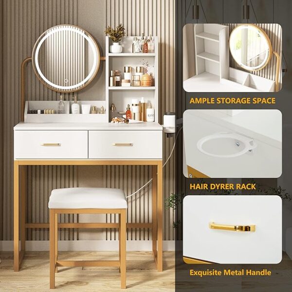 Makeup Vanity Desk with Round Mirror and Lights, White Vanity Makeup Table, Small Vanity Table for Bedroom with Lots Storage, 3 Lighting Modes, 31.5in(L) - Image 5