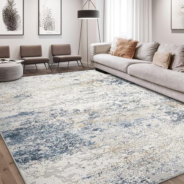 Area Rug Living Room Rugs - 9x12 Abstract Large Soft Indoor Washable Rug Neutral Modern Low Pile Carpet for Bedroom Dining Room Farmhouse Home Office - Beige Blue - Image 3