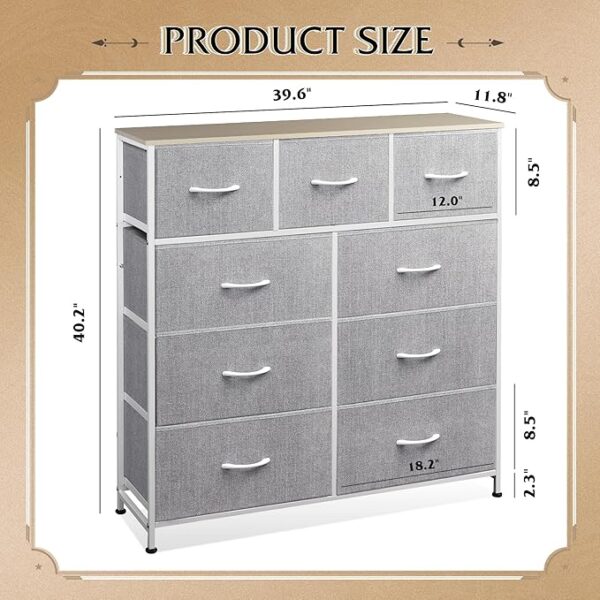 WLIVE 9-Drawer Dresser, Fabric Storage Tower for Bedroom, Hallway, Entryway, Closet, Tall Chest Organizer Unit with Fabric Bins, Steel Frame, Wood Top, Easy Pull Handle, Light Grey - Image 4