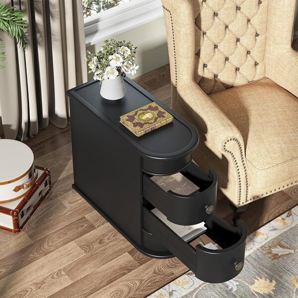 Tribesigns Wood End Table Set of 2, Narrow Solid Side Table 2-Drawer Slim Chair Side Table, No Assembly Required, Finished Back, Black - Image 2