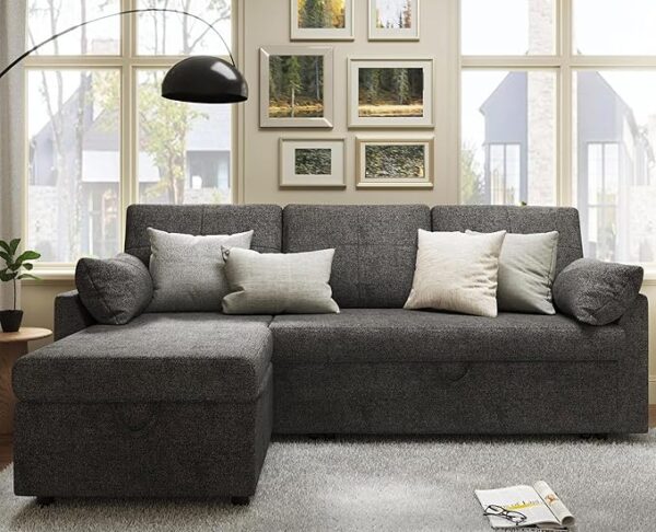 VanAcc Sleeper Sofa, Sofa Bed- 2 in 1 Pull Out Couch Bed with Storage Chaise for Living Room, Sofa Sleeper with Pull Out Bed, Grey Linen Couch - Image 4