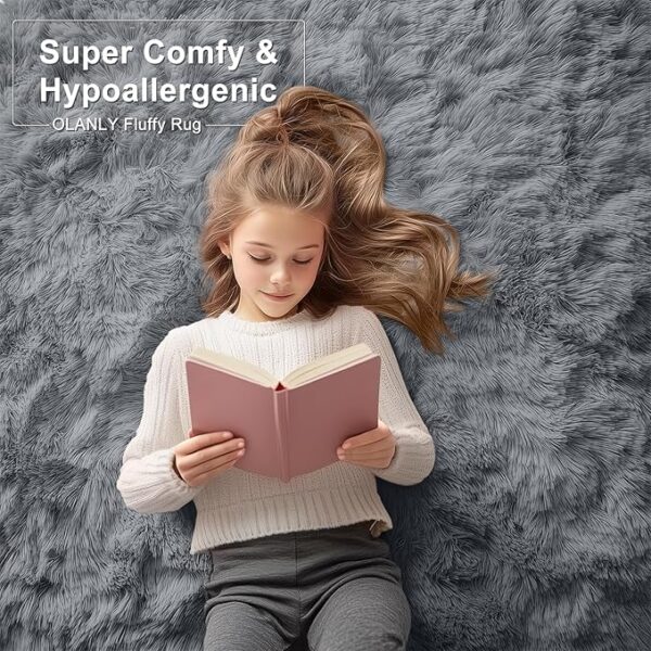 OLANLY Area Rugs for Living Room Bedroom, Machine Washable 4x5.9 Feet Soft Fluffy Shaggy Bedside Rug, Indoor Floor Carpet for Kids Girls and Boys, Dorms, Nursery Rooms, Home Decor Aesthetic, Grey - Image 4