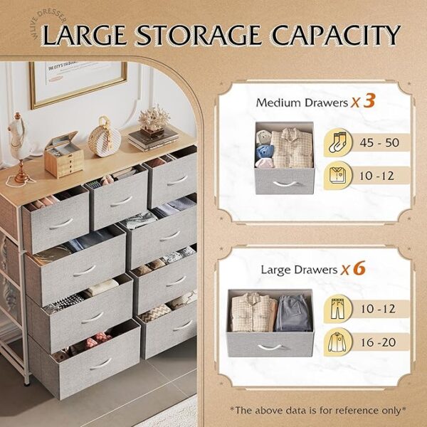 WLIVE 9-Drawer Dresser, Fabric Storage Tower for Bedroom, Hallway, Entryway, Closet, Tall Chest Organizer Unit with Fabric Bins, Steel Frame, Wood Top, Easy Pull Handle, Light Grey - Image 3