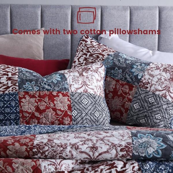 Secgo King Size Comforter Set- 100% Cotton Quilt King Size Set, Burgundy bedspreads (96 * 108 Inch) with 2 Pillow Shams, Patchwork Reversible Lightweight Bedding - Image 4