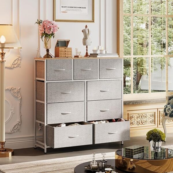 WLIVE 9-Drawer Dresser, Fabric Storage Tower for Bedroom, Hallway, Entryway, Closet, Tall Chest Organizer Unit with Fabric Bins, Steel Frame, Wood Top, Easy Pull Handle, Light Grey - Image 2