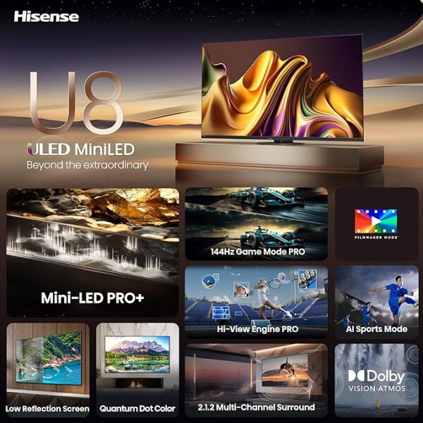 Hisense U8 Series 65U8N 65-Inch ULED 4K Smart TV | Mini-LED Pro | QLED | 3000 Nits | 144Hz | Motion Rate 480 | Dolby Vision IQ · Atmos | Full Array Local Dimming | 2.1.2 Ch Surround Sound | Google TV - Image 4