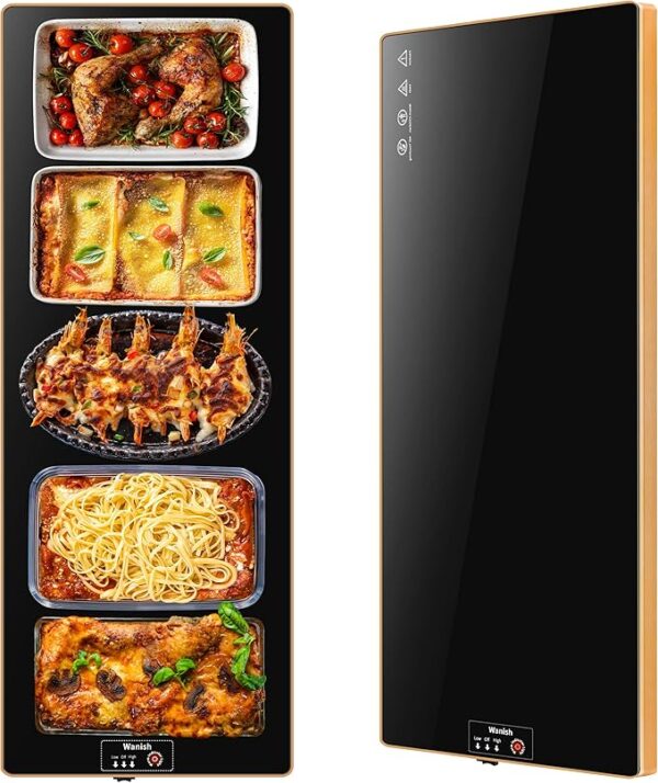 Extra Long 40”x12” - Electric Warming Tray，Home & Commercial Food Warmer with Thermostat and Full Surface Heating，Food Warming Mat for Parties Buffet，Gatherings，Gold Edge Handles Warming Mat for Food