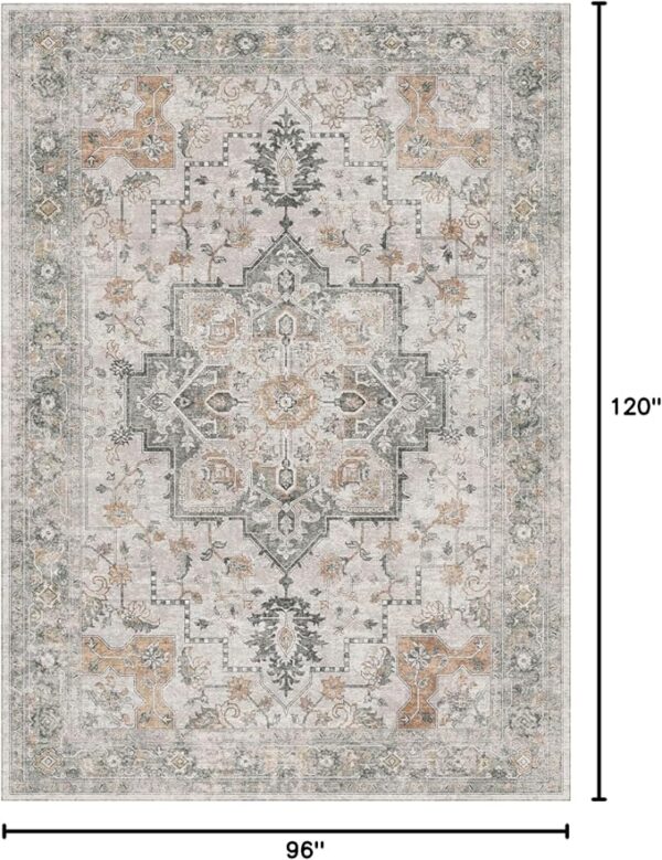 GENIMO 8x10 Area Rugs for Living Room, Machine Washable Non Slip Vintage Retro Rugs, Low Pile Lightweight Chenille Print Rug for Bedroom, Dining Room, Home Office, Light Taupe Brown - Image 3