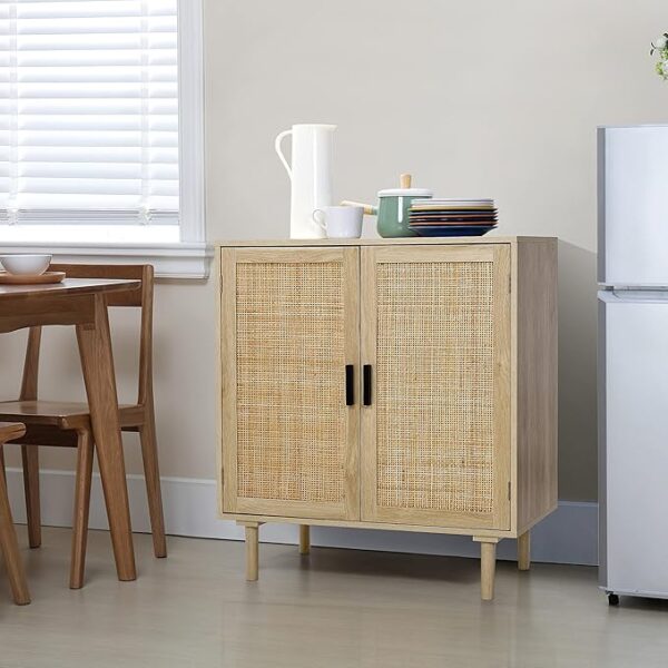 Finnhomy Sideboard Buffet Kitchen Storage Cabinet with Rattan Decorated Doors, Dining Room, Hallway, Cupboard Console Table, Liquor / Accent Cabinet, 31.5X 15.8X 34.6 Inches, Natural - Image 2