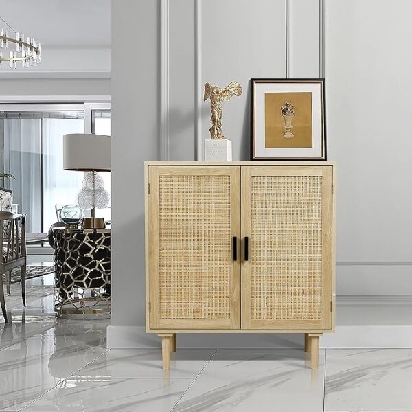Finnhomy Sideboard Buffet Kitchen Storage Cabinet with Rattan Decorated Doors, Dining Room, Hallway, Cupboard Console Table, Liquor / Accent Cabinet, 31.5X 15.8X 34.6 Inches, Natural - Image 3