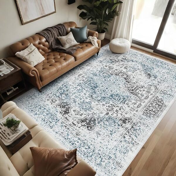 Living Room 8x10 Area Rug - Washable Rug with Non-Slip Low-Pile Vintage Medallion Rugs with Stain Resistant Foldable Accent Distressed Rug Indoor Traditional Ultra-Thin Rug