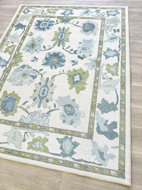 Green Oushak Rug, Modern, Vintage, Turkish, Eclectic, Floral, Pastel, Washable, Large Area Rugs for Living Room, Dining, Bedroom, Girls, Boys, 7'5"x9'8"