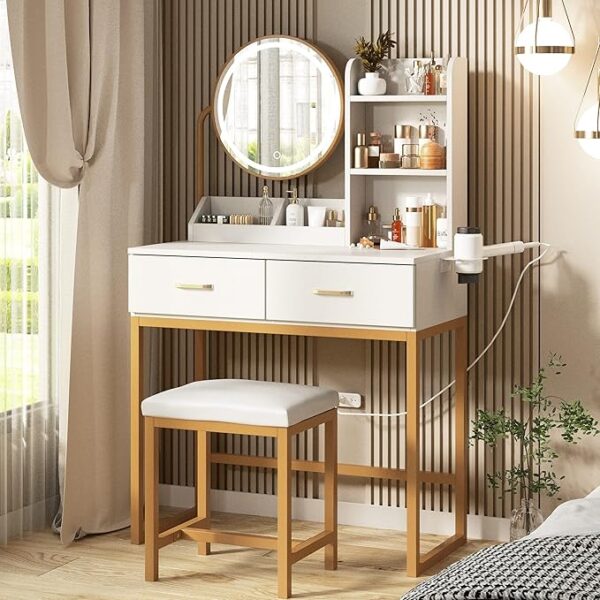 Makeup Vanity Desk with Round Mirror and Lights, White Vanity Makeup Table, Small Vanity Table for Bedroom with Lots Storage, 3 Lighting Modes, 31.5in(L) - Image 2