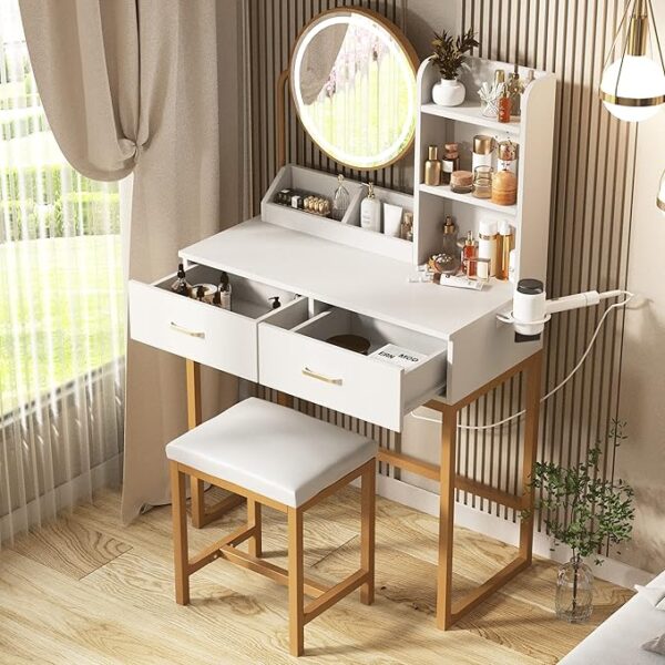 Makeup Vanity Desk with Round Mirror and Lights, White Vanity Makeup Table, Small Vanity Table for Bedroom with Lots Storage, 3 Lighting Modes, 31.5in(L) - Image 3