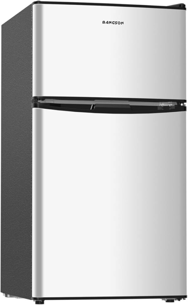 BANGSON Mini Fridge with Freezer, 3.2 Cu.Ft Small Refrigerator, 5 Settings Temperature Adjustable, Low Noise Refrigerator, 2 Door Mini Fridge for Apartment, Home, Office and Dorm, Silver