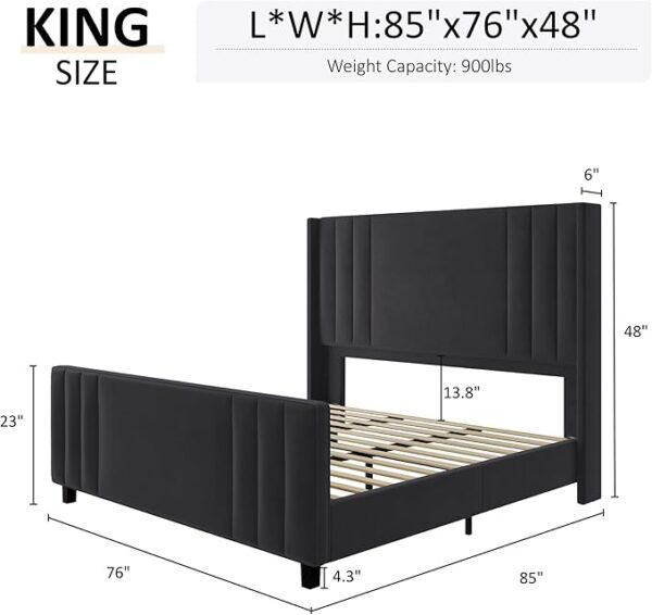 AMERLIFE King Size Bed Frame, Velvet Upholstered Platform Bed with Vertical Channel Tufted Headboard & Footboard/Wingback, Mattress Foundation with Wood Slats, No Box Spring Needed, Black - Image 6