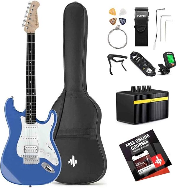 Donner DST-100T 39 Inch Electric Guitar Beginner Kit Solid Body Full Size Lake Blue HSS Pick Up for Starter, with Amplifier, Bag, Digital Tuner, Capo, Strap, String,Cable, Picks