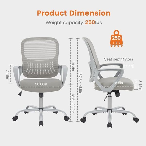 Office Computer Desk Managerial Executive Chair, Ergonomic Mid-Back Mesh Swivel Rolling Work with Wheels, Comfortable Lumbar Support, Comfy Arms for Home, Bedroom, Study, Student, Black - Image 2