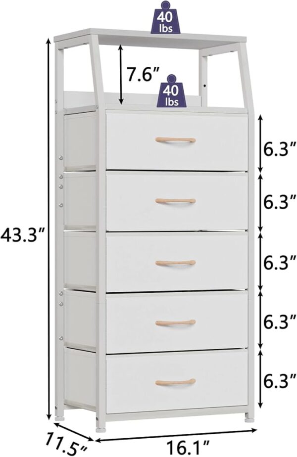 Furnulem White Dresser with 5 Drawers, Vertical Storage Tower Fabric Dresser for Bedroom, Hallway, Entryway, Nursery, Closet Organizer, Nightstand Bedside Table Furniture, Sturdy Steel Frame, Wood Top - Image 2