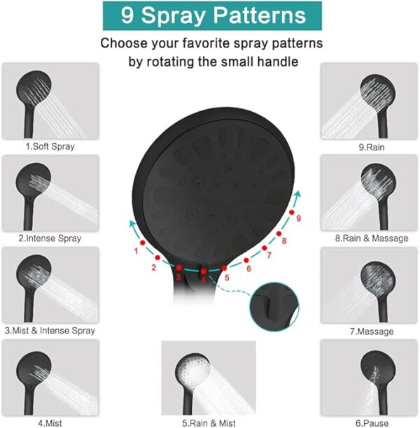 Shower Head, 8‘’ High Pressure Rainfall/Handheld Shower Combo with 11'' Extension Arm, 9 Settings, Anti-leak Shower Head with Holder, Height/Angle Adjustable, Chrome, Matte Black - Image 6