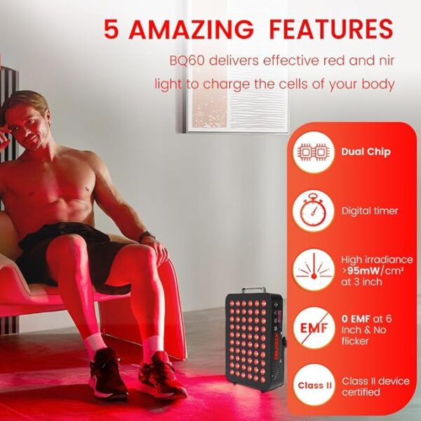 Bestqool Red Light Therapy, Dual Chip Clinical Grade LED Device with Near-Infrared Light 660nm 850nm High Power Panel, Ideal for Body, Face, Recovery, Improve Sleep, Skin Health, 105W (Black 60) - Image 5
