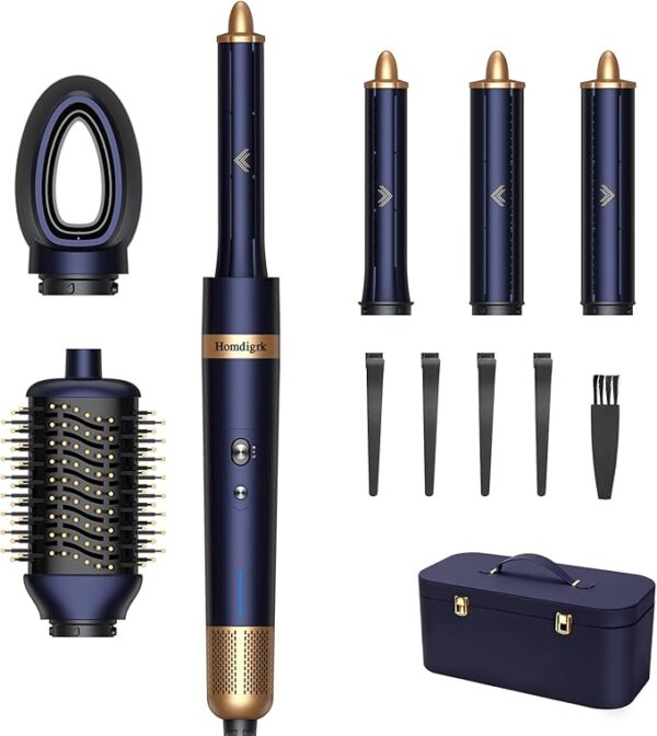 6-in-1 Hair Dryer Brush & Curling Iron Set, Hot Air Styler Hair Curler for Fast Drying, Smoothing & Volumizing, No Heat Damage, Professional Blowout Tool with Travel Case - Prussian Blue