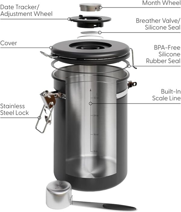 Veken 38oz Large Coffee Canister with Window, Airtight Stainless Steel, Kitchen Food Storage Container with Lids, Date Tracker and Scoop, Grounds Coffee Beans, Tea, Flour, Cereal, Sugar Jars, Black - Image 3