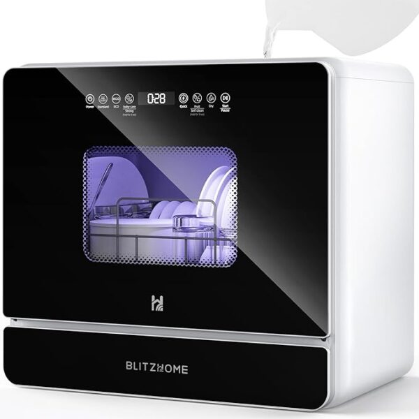 BLITZHOME Countertop Portable Mini Dishwasher, 9 Programs,167℉ High-Temp, Hot Air Drying, Air Refresh, 360° 3 Spray, 24H Timing, LED Light, 5.2L Built-in Water Tank for Apartments RVs