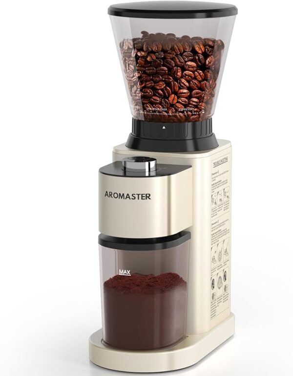 Aromaster Conical Burr Coffee Grinder Electric,Coffee Bean Grinder with 48 Gind Settings for Home Use,40 Seconds Adjustable Timer,Stainless Steel,Anti-static,Beige