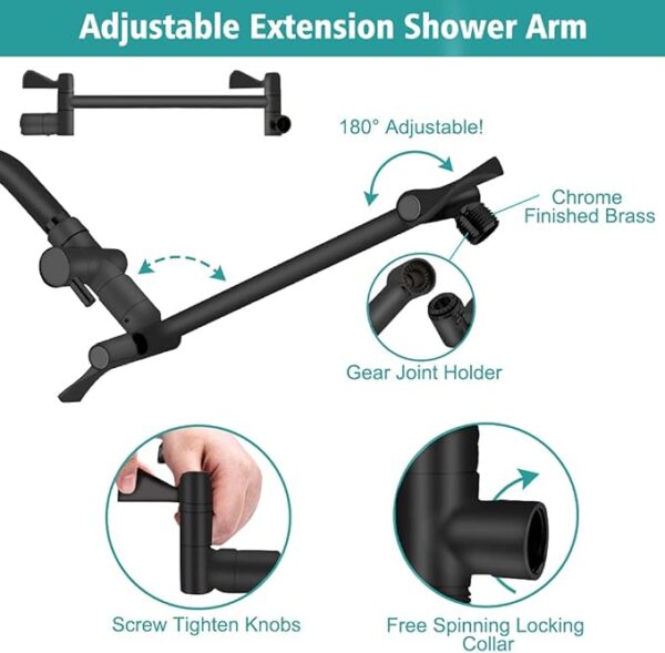 Shower Head, 8‘’ High Pressure Rainfall/Handheld Shower Combo with 11'' Extension Arm, 9 Settings, Anti-leak Shower Head with Holder, Height/Angle Adjustable, Chrome, Matte Black - Image 2