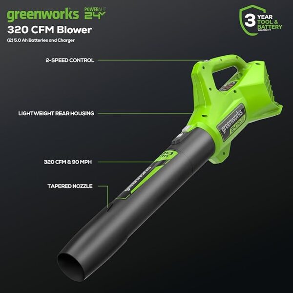Greenworks 48V (2x24V) 21" Brushless Mower+12" String Trimmer+320CFM Blower,(2) 5.0Ah Batteries and 4A Dual Port Charger - Image 2