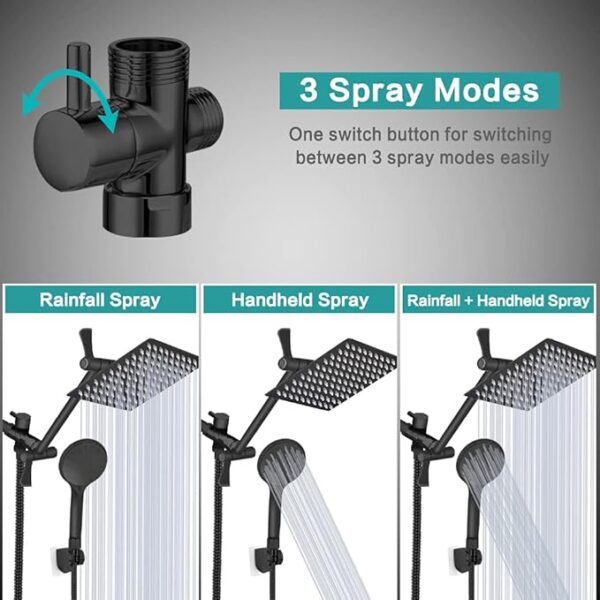 Shower Head, 8‘’ High Pressure Rainfall/Handheld Shower Combo with 11'' Extension Arm, 9 Settings, Anti-leak Shower Head with Holder, Height/Angle Adjustable, Chrome, Matte Black - Image 3