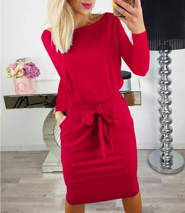 PRETTYGARDEN Women's Fall Bodycon Party Dress Casual Long Sleeve Tie Waist Fitted Sheath Pencil Dresses with Pockets - Image 3