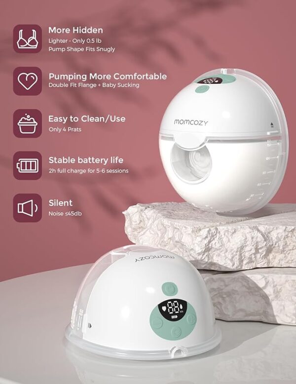 Momcozy Breast Pump Hands Free M5, Wearable Breast Pump of Baby Mouth Double-Sealed Flange with 3 Modes & 9 Levels, Electric Breast Pump Portable - 24mm, 2 Pack Mint - Image 2