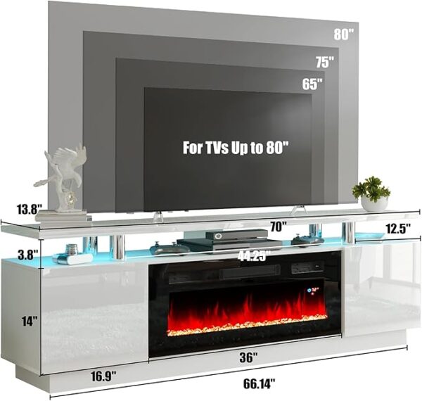 AMERLIFE Fireplace TV Stand with 36" Fireplace, 70" Modern High Gloss Fireplace Entertainment Center LED Lights, 2 Tier TV Console Cabinet for TVs Up to 80", Ivory White - Image 2