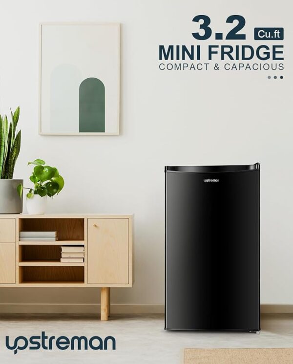 Upstreman 3.2 Cu.Ft Mini Fridge with Freezer, Single Door Mini Fridge, Dorm Fridge, Adjustable Thermostat, Mini Refrigerator for Bedroom, Office, Dorm, Black-BR321 - Image 2