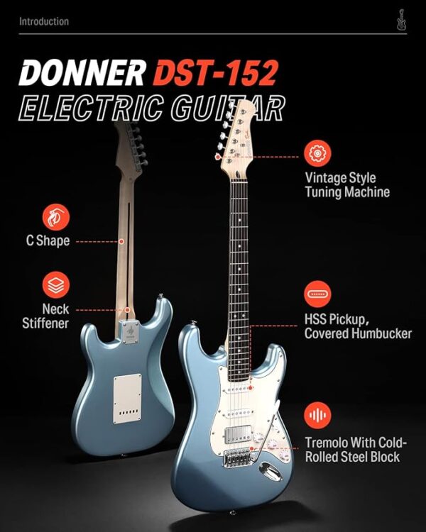 Donner DST-152R Electric Guitar, 39" Beginner Electric Guitar Kit, HSS Pickup with Coil Split, Guitar Starter Set with Amp, Bag, All Accessories, Metallic Ice Blue - Image 2