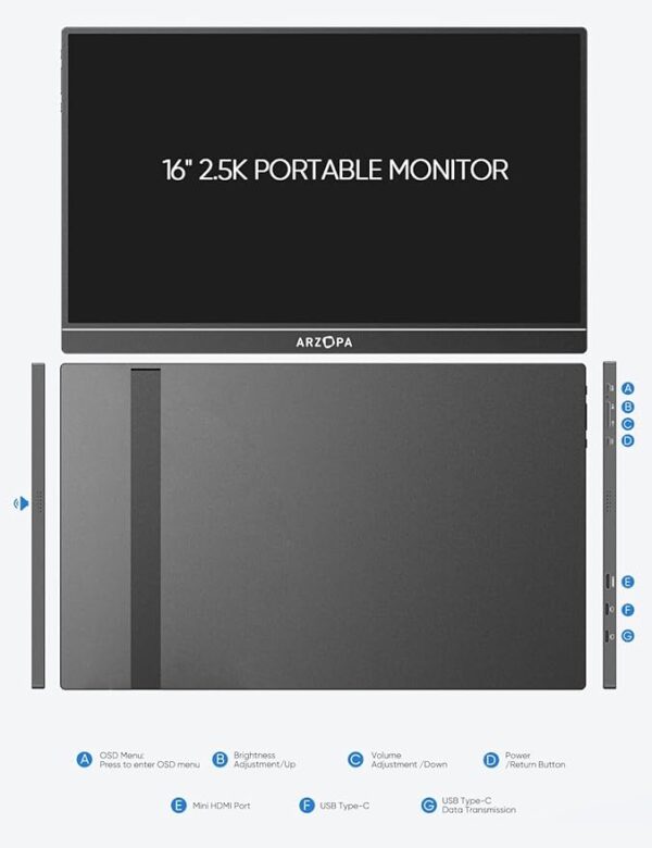 ARZOPA 16" 2.5K Portable Monitor, 2560x1600 QHD IPS Display 123% sRGB with Built-in Stand USB-C HDMI Eye Care External Second Screen for Mac Laptop Phone PS4/5 Xbox Switch -Z1RC - Image 5