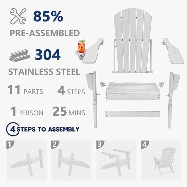 Folding Adirondack Chair, SGS Tested, Wooden Textured with Cup Holder, Heavy All-Weather HDPE Comfortable Set Poolside Backyard Lawn White - Image 6