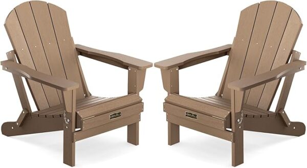 SERWALL Folding Adirondack Chair Set of 2 Outdoor Chairs Painted Adirondack Chair Weather Resistant for Patio Deck Garden, Backyard Deck, Fire Pit- Brown