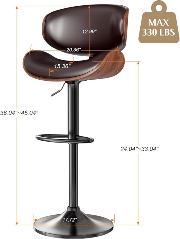 Bar Stools Set of 4, Modern Pu Leather Swivel Adjustable Bar Stool Counter Height Stool Set, Bar Chair with Back and Footrest for Kitchen, Dining Room, Brown - Image 5