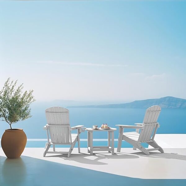 Folding Adirondack Chair, SGS Tested, Wooden Textured with Cup Holder, Heavy All-Weather HDPE Comfortable Set Poolside Backyard Lawn White - Image 5