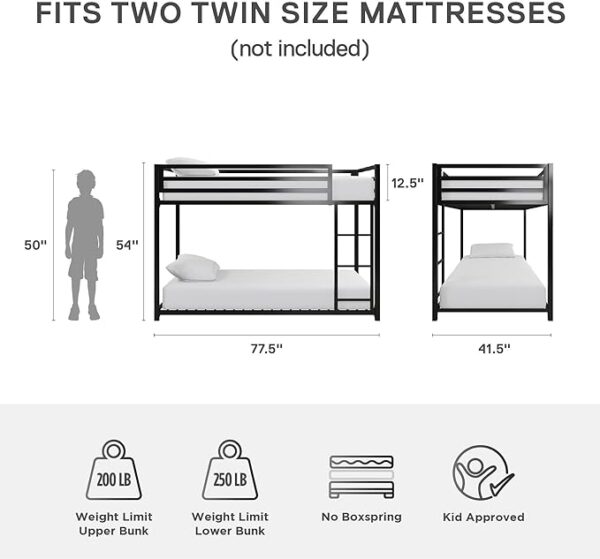DHP Miles Low Metal Bunk Bed Frame for Kids, With Built-in Ladder, High Guardrail and Metal Slats, Floor Bed Bottom Bunk, No Boxspring Required, For Small Spaces, Twin-Over-Twin, Black - Image 2
