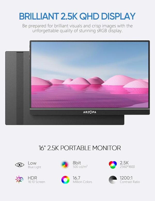 ARZOPA 16" 2.5K Portable Monitor, 2560x1600 QHD IPS Display 123% sRGB with Built-in Stand USB-C HDMI Eye Care External Second Screen for Mac Laptop Phone PS4/5 Xbox Switch -Z1RC - Image 4